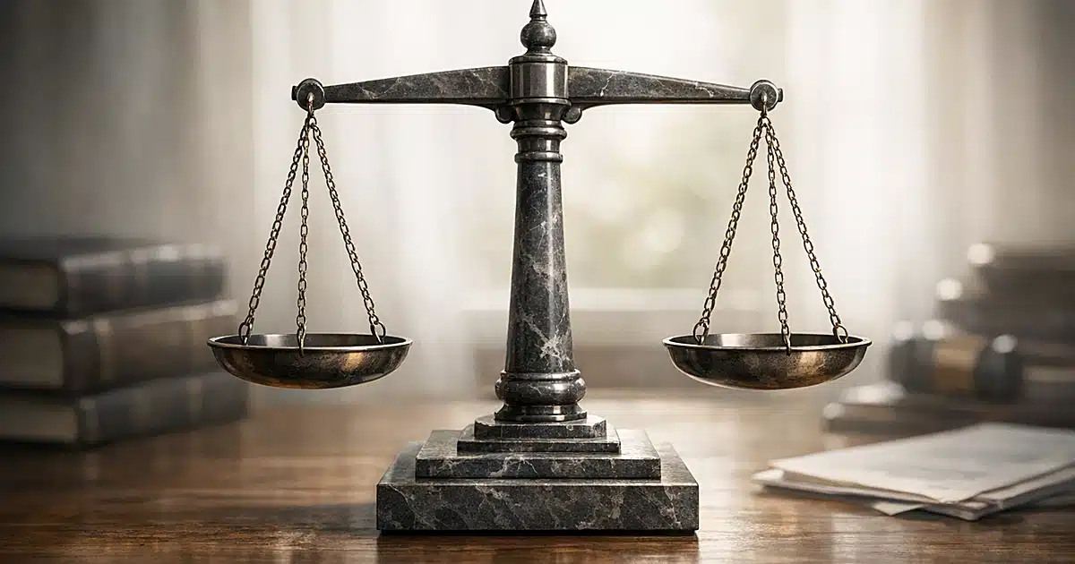 Stone balance scales on wooden surface with natural window lighting