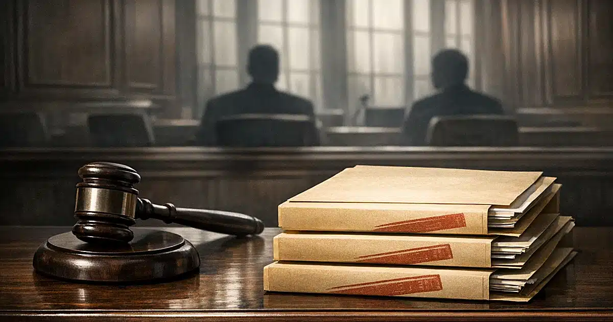 Courtroom gavel beside three folders stamped denied on a judge's bench with dramatic window lighting
