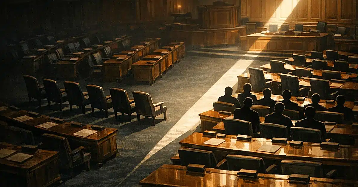 Legislative chamber interior with nine chairs turned away from main assembly, divided by dramatic diagonal lighting