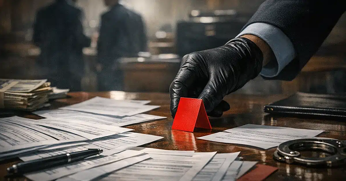 Evidence table with loan documents and federal agents investigating financial fraud case in courthouse