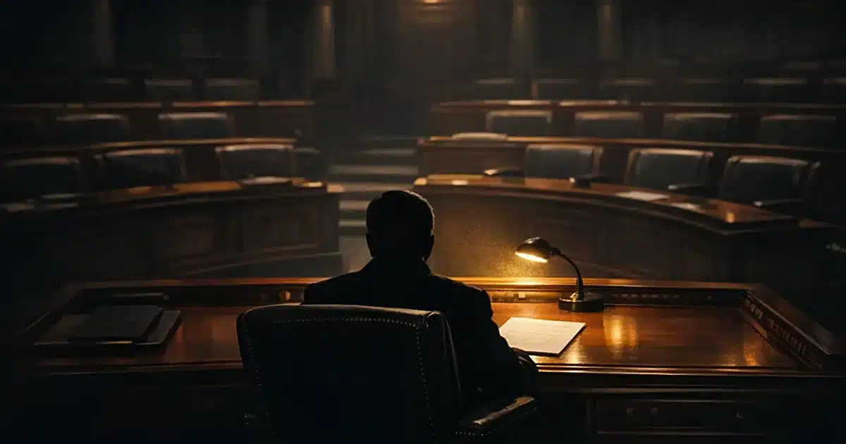 Silhouetted figure at legislative desk with document in empty government chamber with dramatic lighting