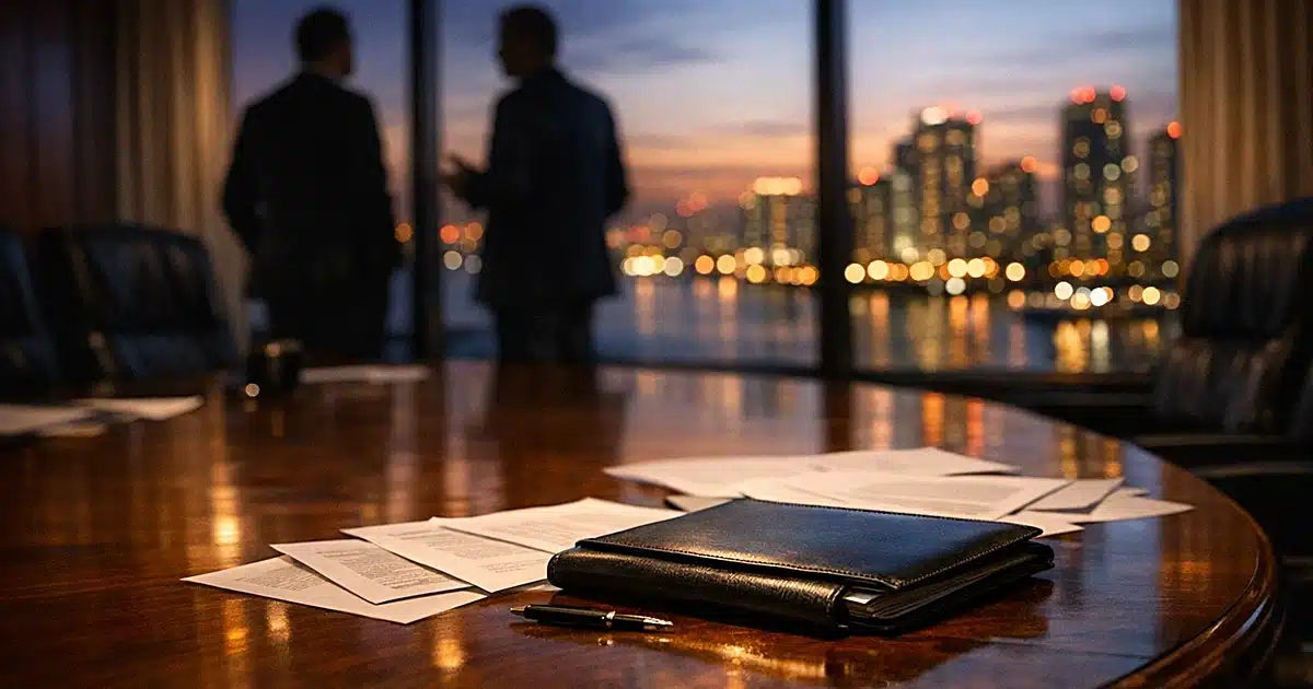 Boardroom table with documents and silhouetted figures by windows overlooking city skyline at dusk