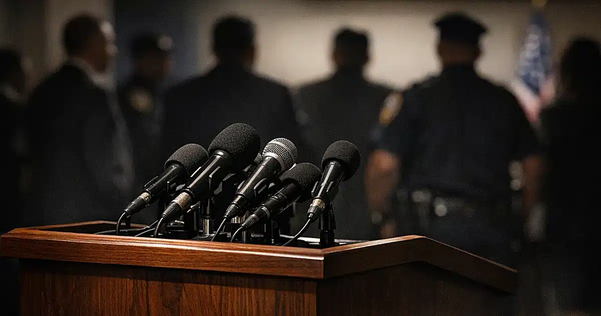 Press briefing podium with microphones and silhouetted figures in background at City Hall
