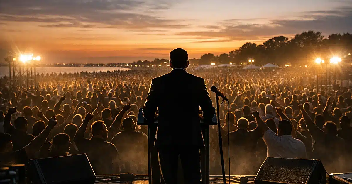 Lone figure at microphone facing massive crowd of silhouetted people with raised arms at outdoor evening event