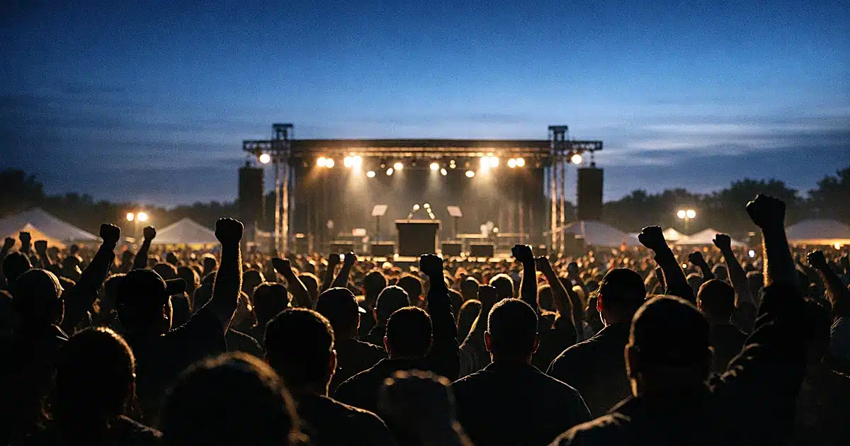 Large crowd of silhouetted people facing a distant stage at an outdoor community event with raised arms