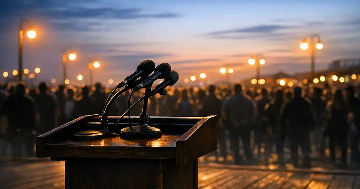 Empty podium with microphones on boardwalk stage with crowd silhouettes in background at dusk