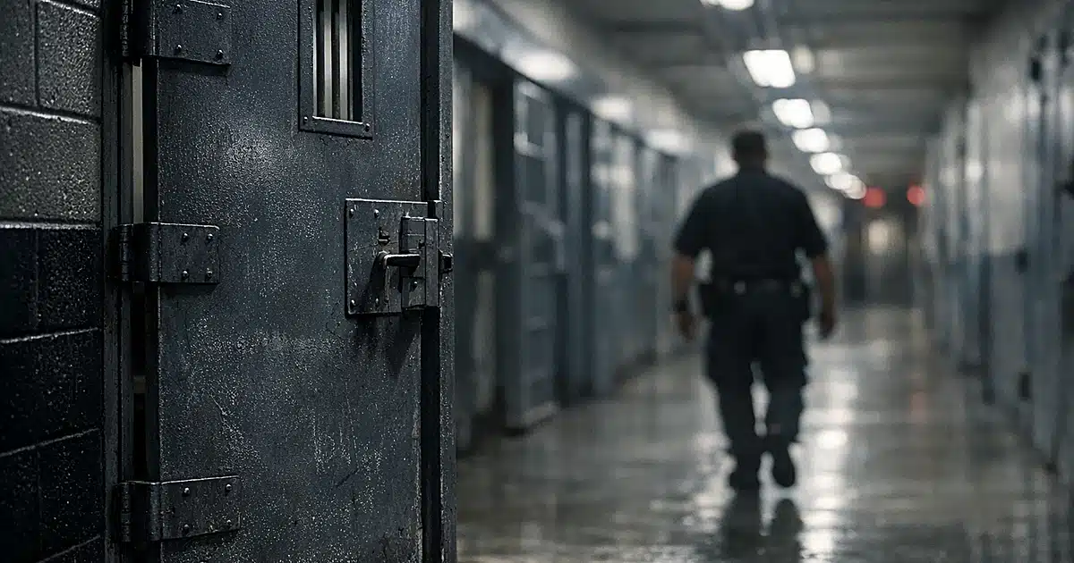 Prison corridor with open cell door and silhouetted officer walking away in dim institutional lighting