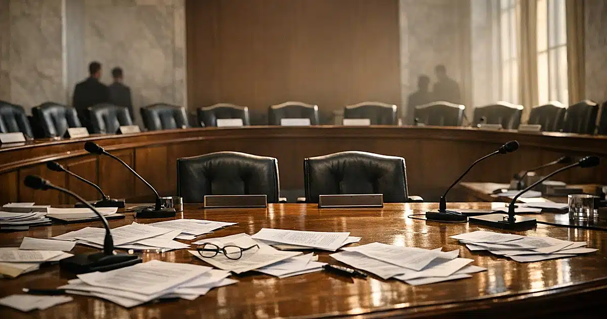 Empty Senate committee room with scattered papers and vacant chairs at the hearing table