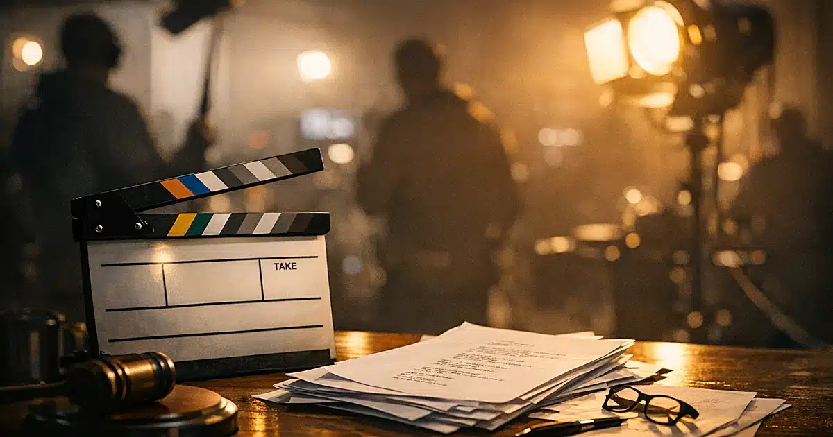 Film production slate and script on studio table with crew silhouettes working in blurred background