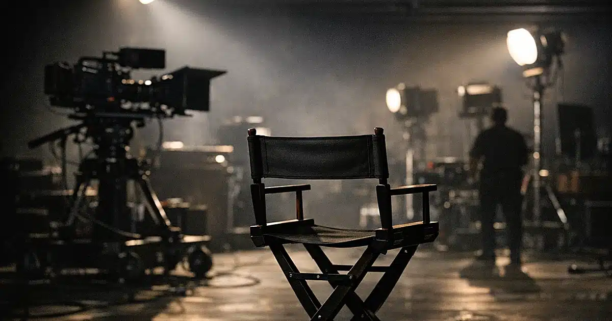 Empty director's chair facing idle television production equipment in darkened studio with dramatic overhead lighting