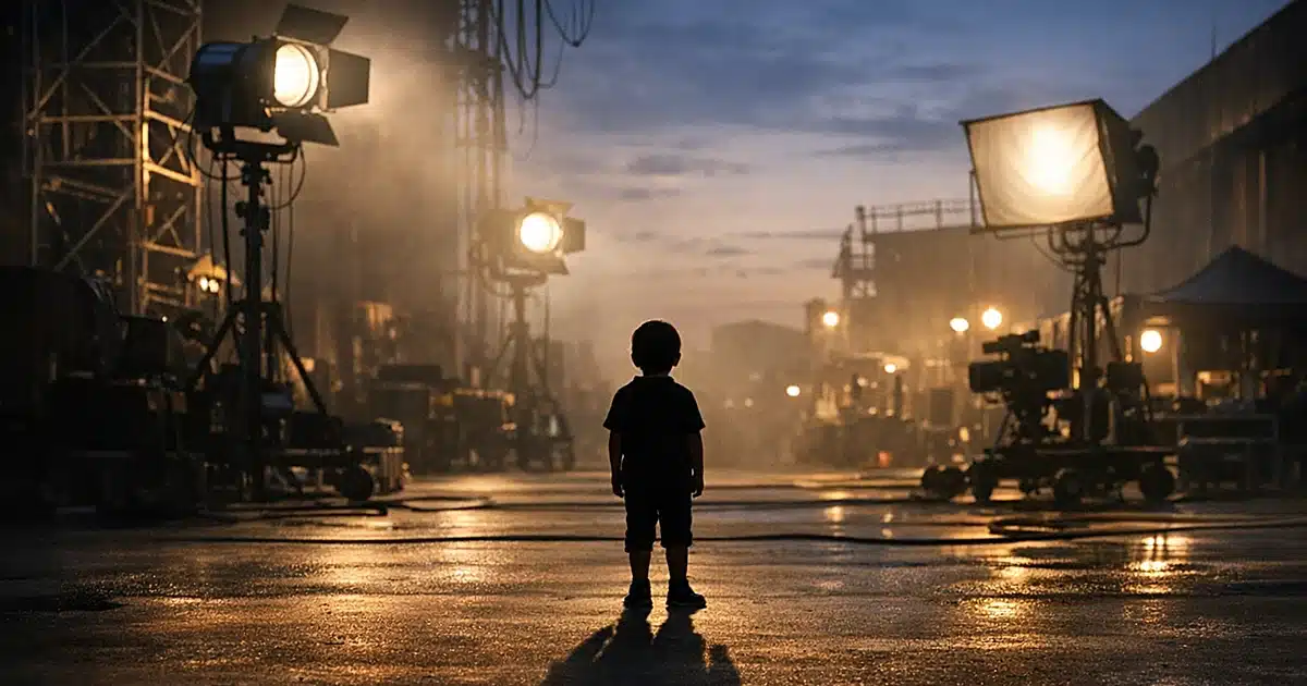 Silhouetted child standing alone on empty film soundstage surrounded by towering studio lights and equipment