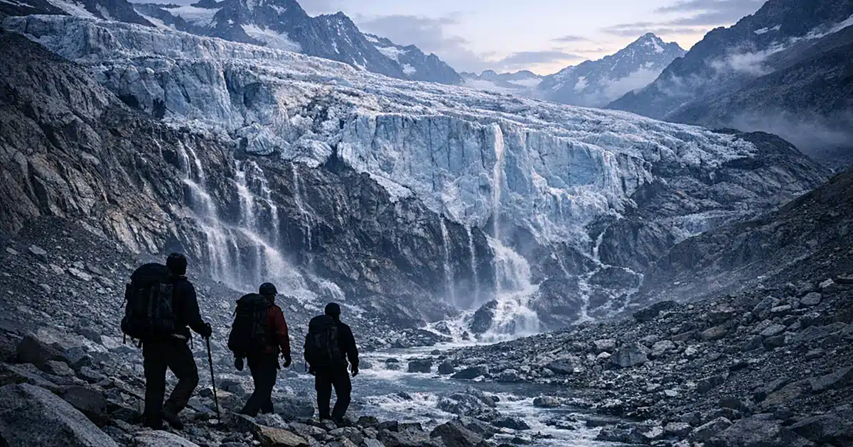 Melting glacier face with meltwater streams in Swiss Alps at dusk showing ice retreat and exposed rocky terrain