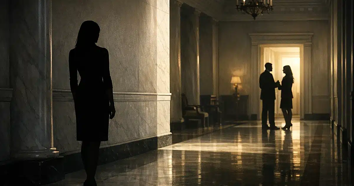 Silhouetted figures separated by light and shadow in an elegant government building corridor
