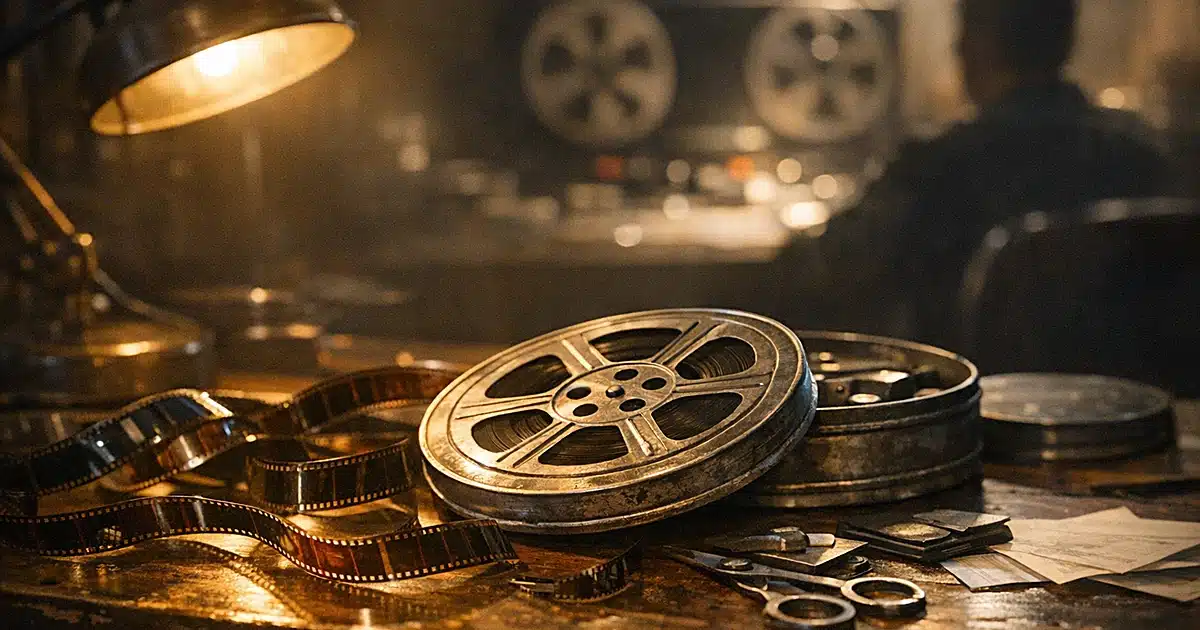 Film reel and strips on editing table in dimly lit studio with warm amber lighting