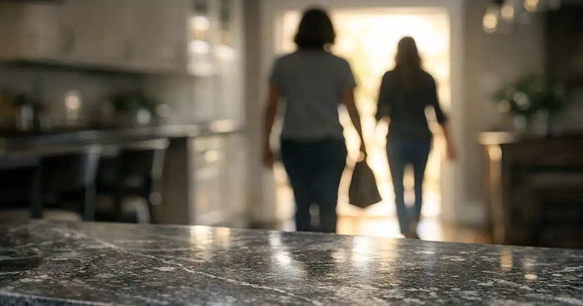 Empty kitchen counter with silhouettes of figures departing through bright doorway in background