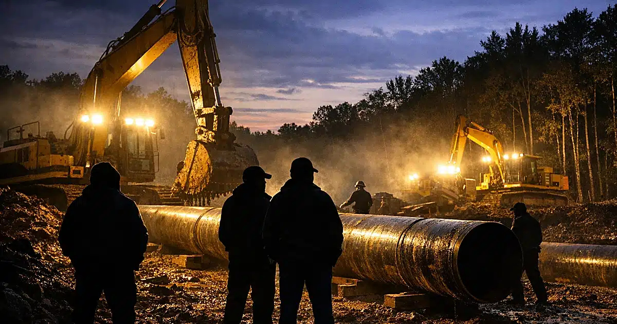 Pipeline construction equipment and silhouetted workers at dusk in wooded area with industrial lighting