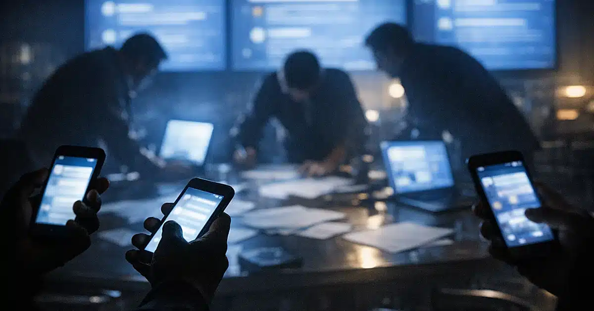 Silhouetted figures in dark room holding glowing smartphones over conference table with laptops and papers