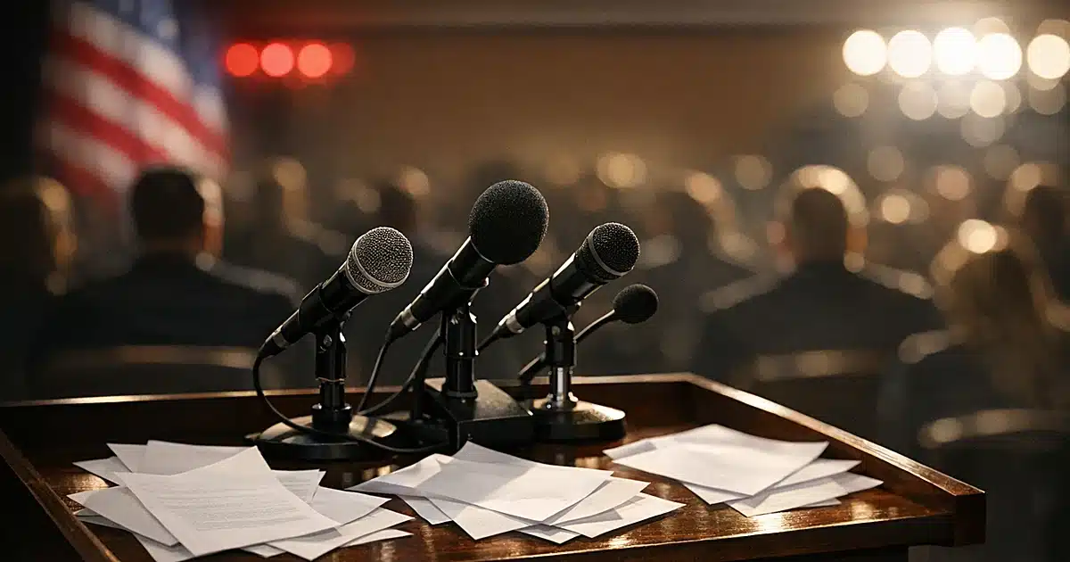 Empty podium with microphones and papers, silhouetted audience seated behind in political meeting hall