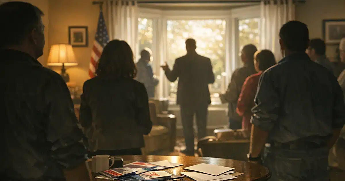 Silhouetted figures gathered in residential living room with afternoon light streaming through windows