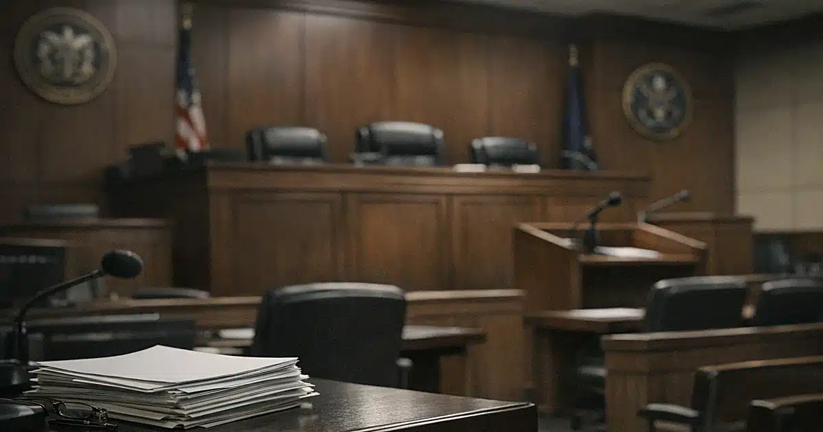 Empty military courtroom with judge's bench and witness stand under fluorescent lighting