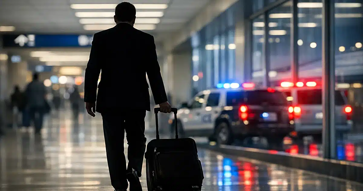 Silhouetted figure walking through airport terminal with emergency vehicle lights visible through windows