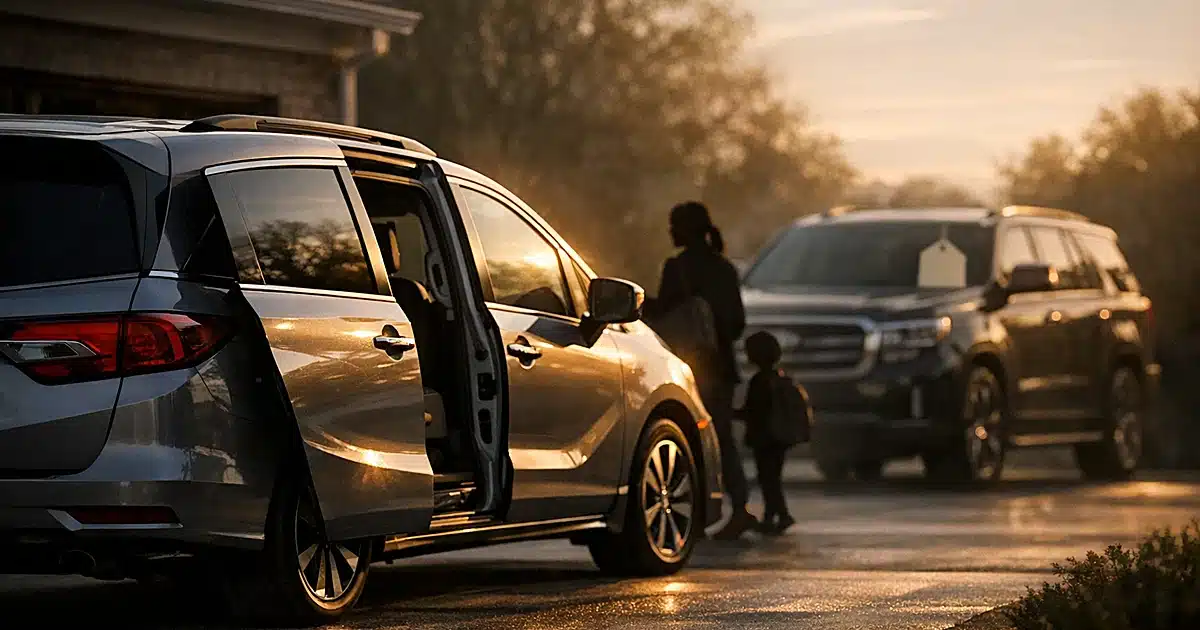 Minivan with open sliding door in foreground, expensive SUV with price tag visible in background of suburban driveway