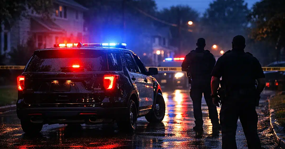Police patrol car with flashing emergency lights on residential street at dusk with wet pavement reflections