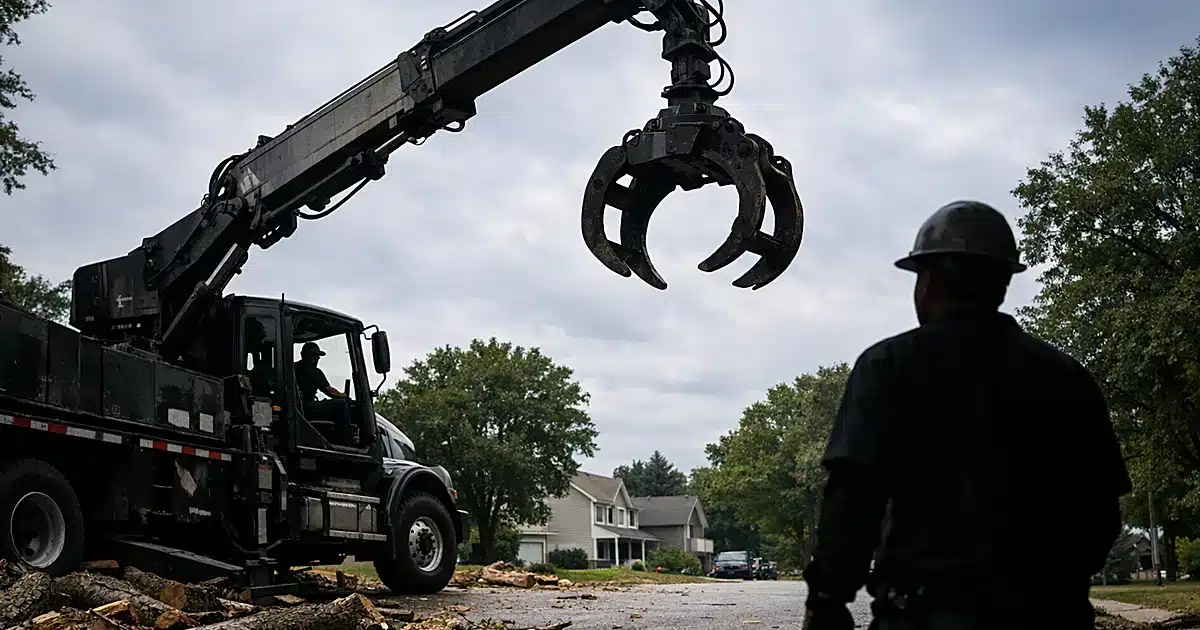 Hydraulic boom truck with extended grapple arm on residential street during tree trimming operation
