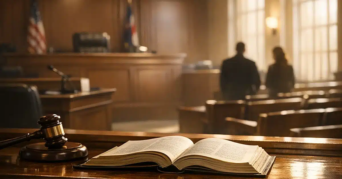 Empty judge's bench in Missouri courthouse with afternoon light streaming through windows and open legal book