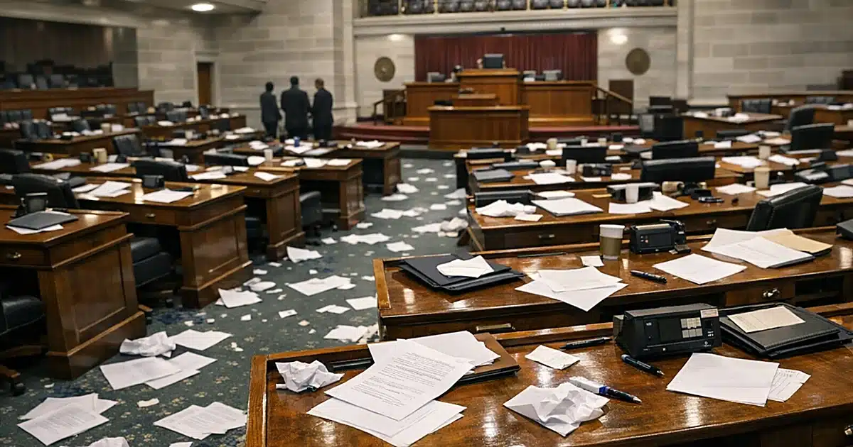 Empty legislative chamber with scattered ballot papers on desks after Missouri income tax vote