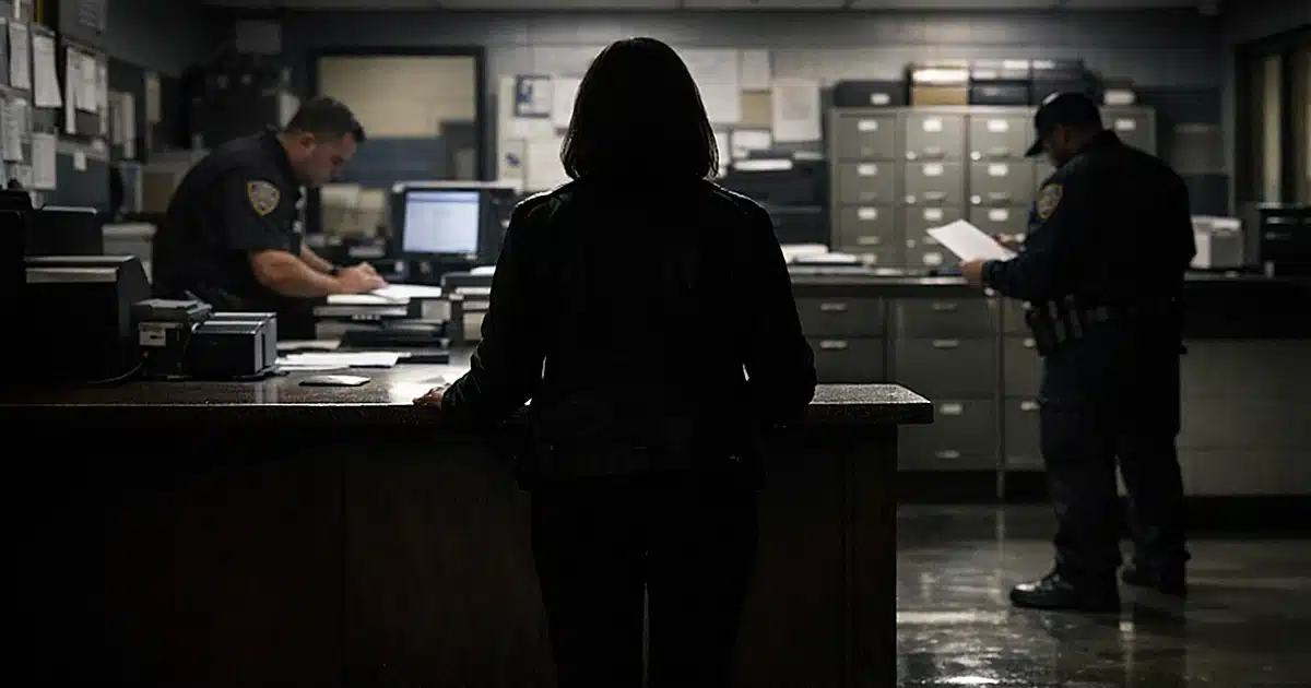 Silhouetted figure at police booking station desk under fluorescent lights in municipal facility interior