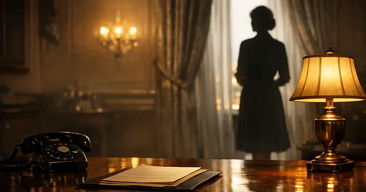 Silhouette of woman in elegant dress beside window in diplomatic reception room with vintage telephone on desk