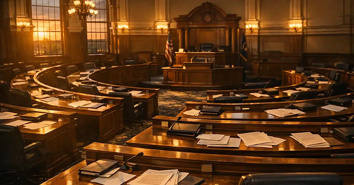 Empty Kansas legislative chamber at dusk with wooden desks and papers illuminated by golden sunset light