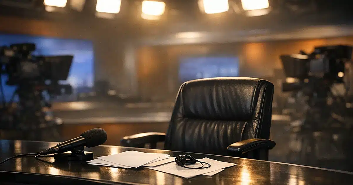 Empty broadcast news anchor desk with pushed-back chair and studio lights glowing in television studio