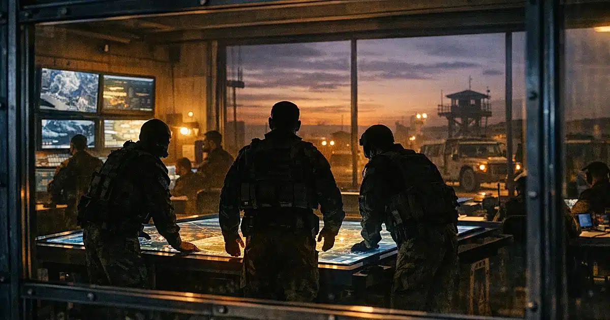 Military command center with silhouetted personnel around illuminated tactical map table at dusk