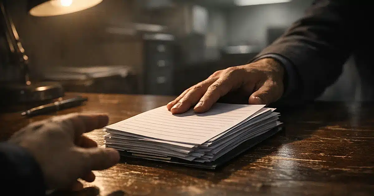 Hand sliding blank petition papers across municipal office desk with dramatic lighting and blurred background