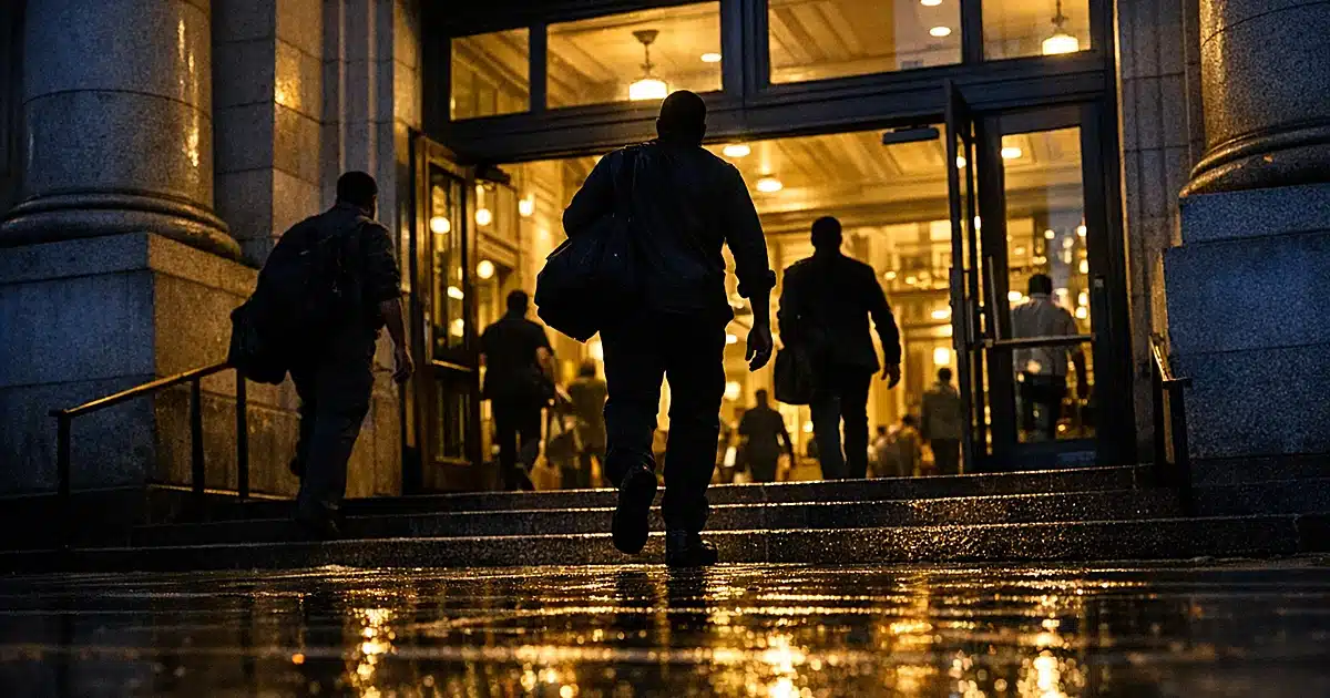 Silhouetted workers leaving New York City municipal building at dusk with wet pavement reflections