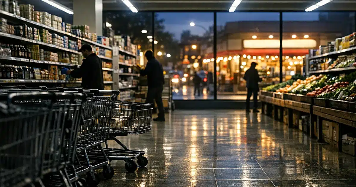 Interior of empty city-owned grocery store with abandoned shopping carts and workers stocking shelves at dusk