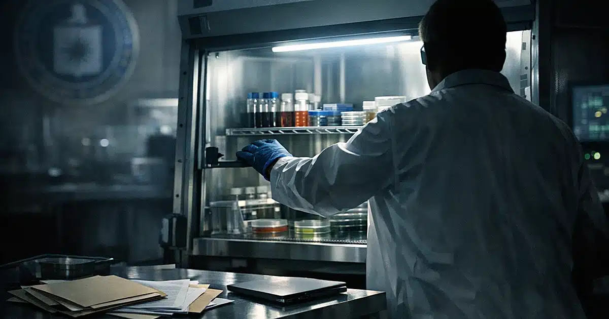 Silhouetted researcher in lab coat reaching toward biosafety cabinet in government laboratory with scattered documents