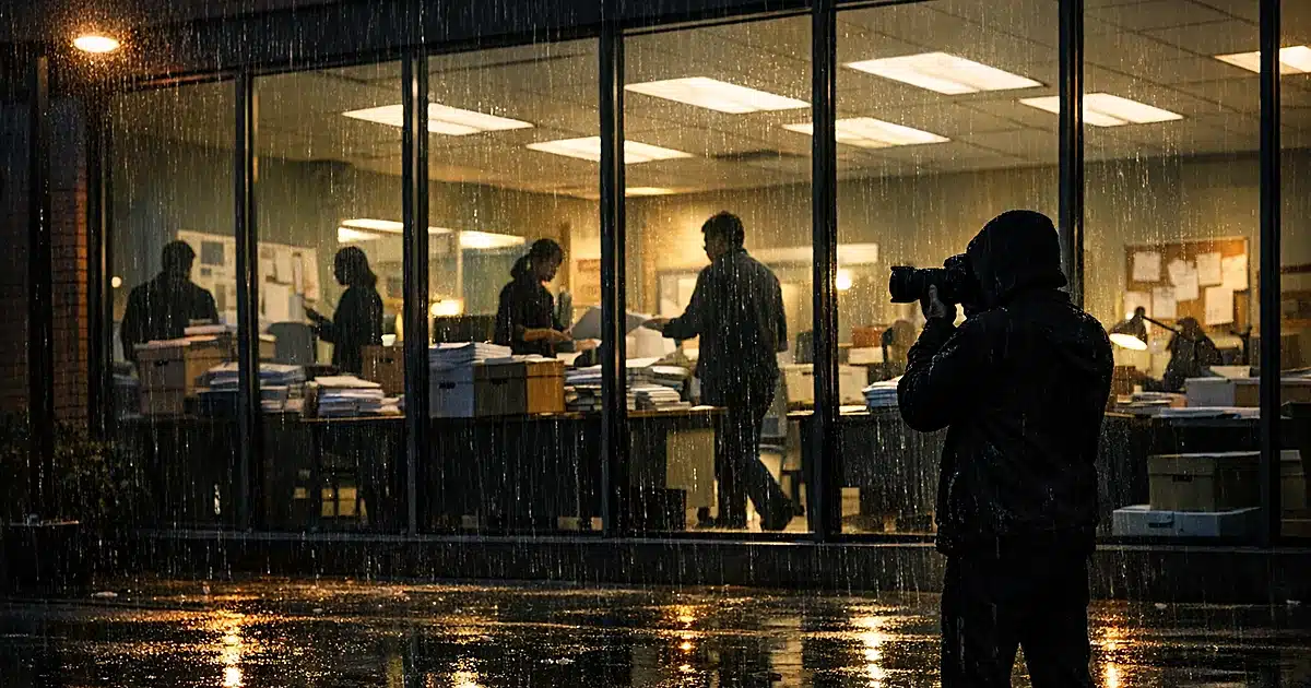 Nonprofit office interior viewed through windows with silhouetted workers inside and photographer outside in rain