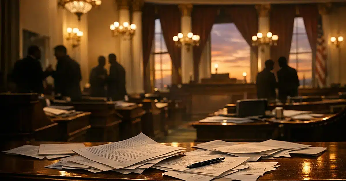California legislative chamber interior with silhouetted figures and scattered documents on desk at dusk
