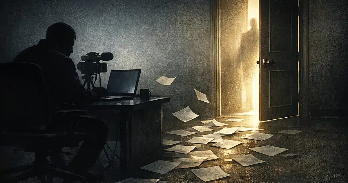 Silhouetted journalist with recording equipment faces a partially open door with scattered papers on floor between them