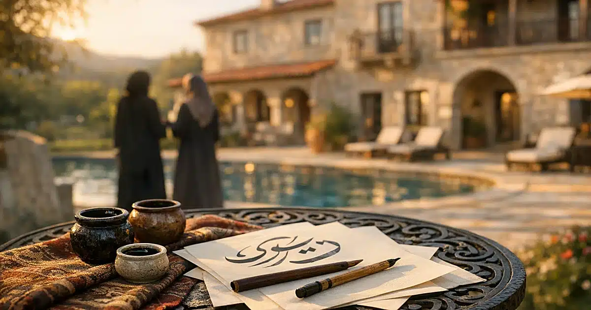 Islamic calligraphy materials and ink on ornate table at Portuguese manor house in golden afternoon light