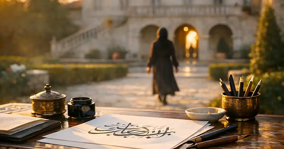 Islamic calligraphy materials on table at European manor house with silhouetted figure walking toward entrance