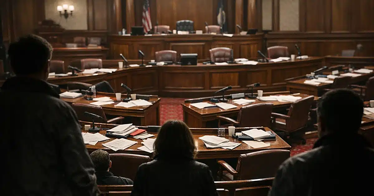Empty New York City Council chamber with scattered papers on desks and silhouetted figures in gallery