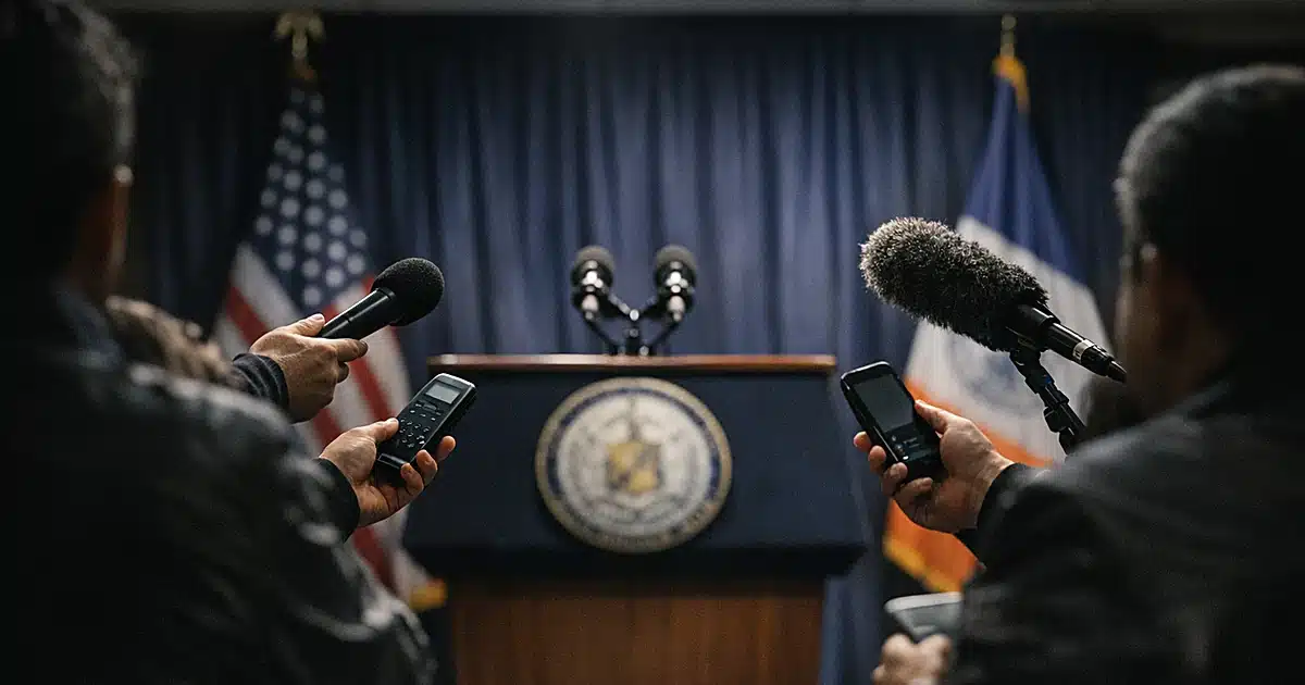 Reporters' microphones thrust toward empty mayoral podium in New York City Hall press briefing room