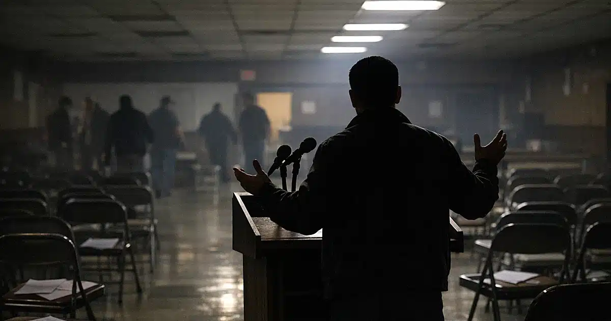 Silhouetted speaker at podium addressing empty union hall meeting room with folding chairs