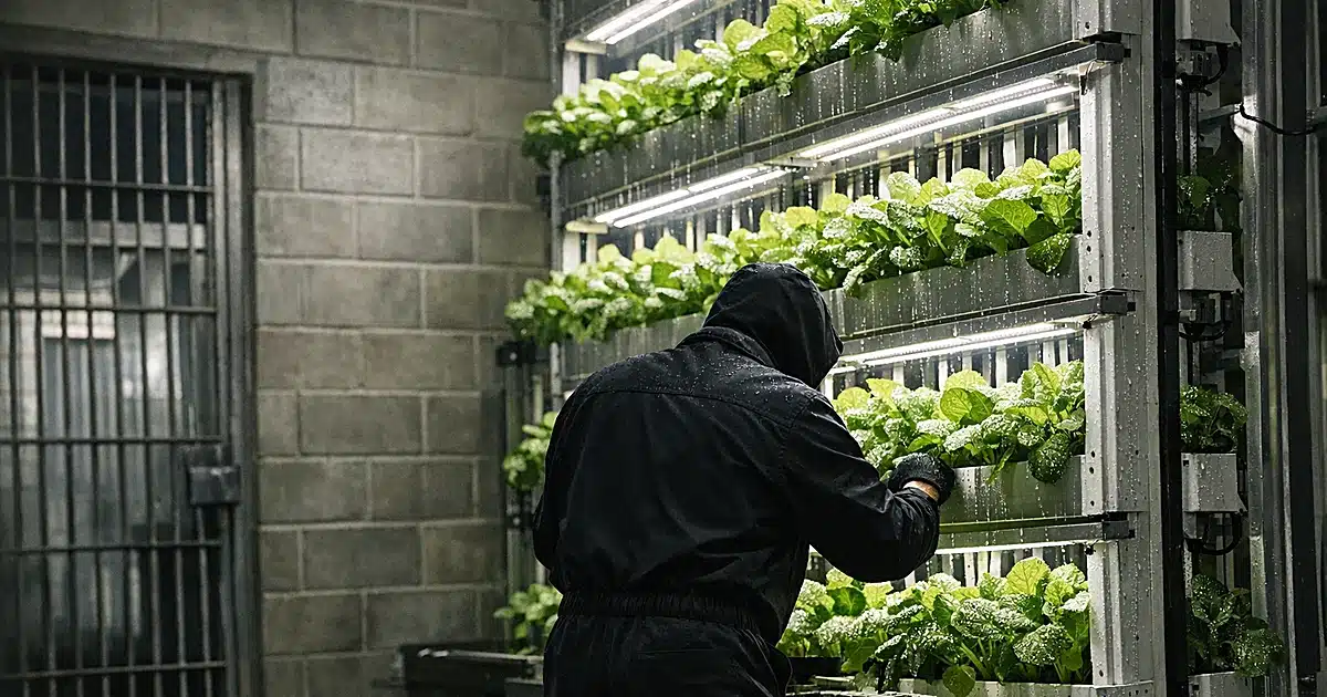 Vertical hydroponic farm tower with LED grow lights in institutional concrete facility with silhouetted worker