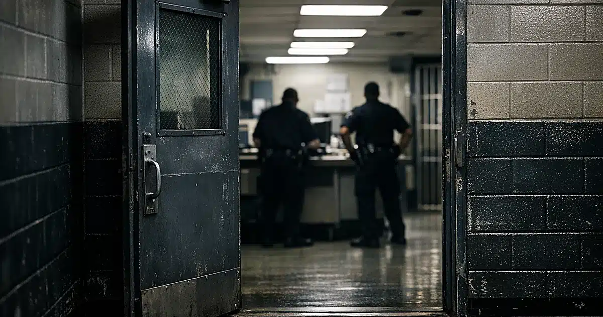 Police booking station with steel security door and silhouetted officers at processing desk in background