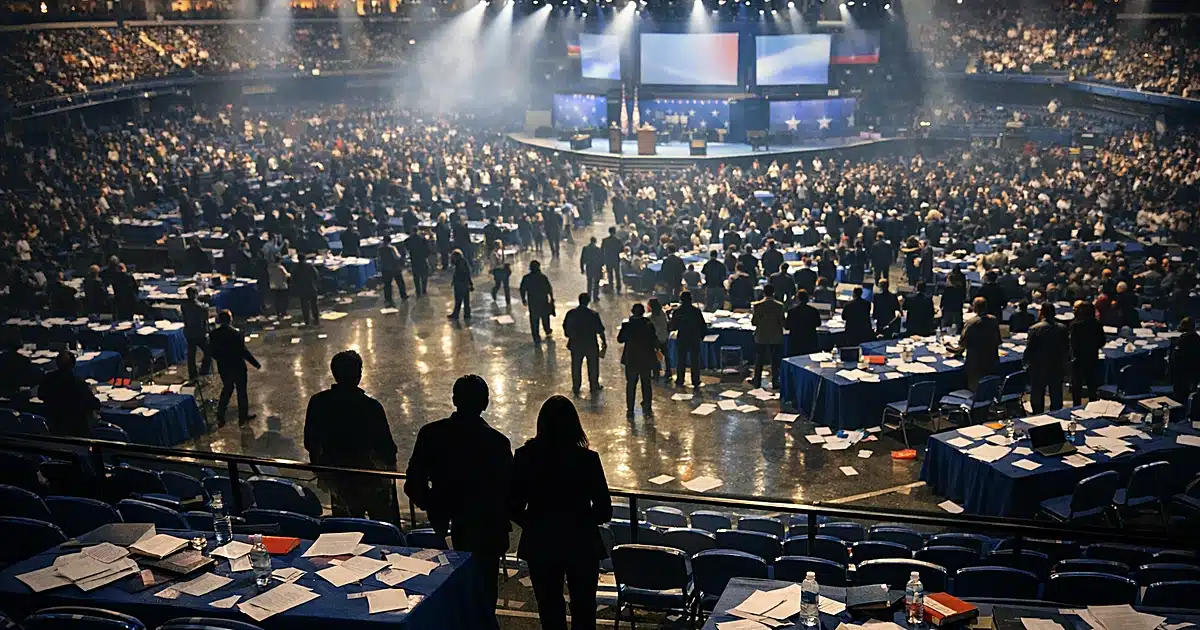 Wide view of large political convention floor with silhouetted figures among scattered chairs and campaign materials